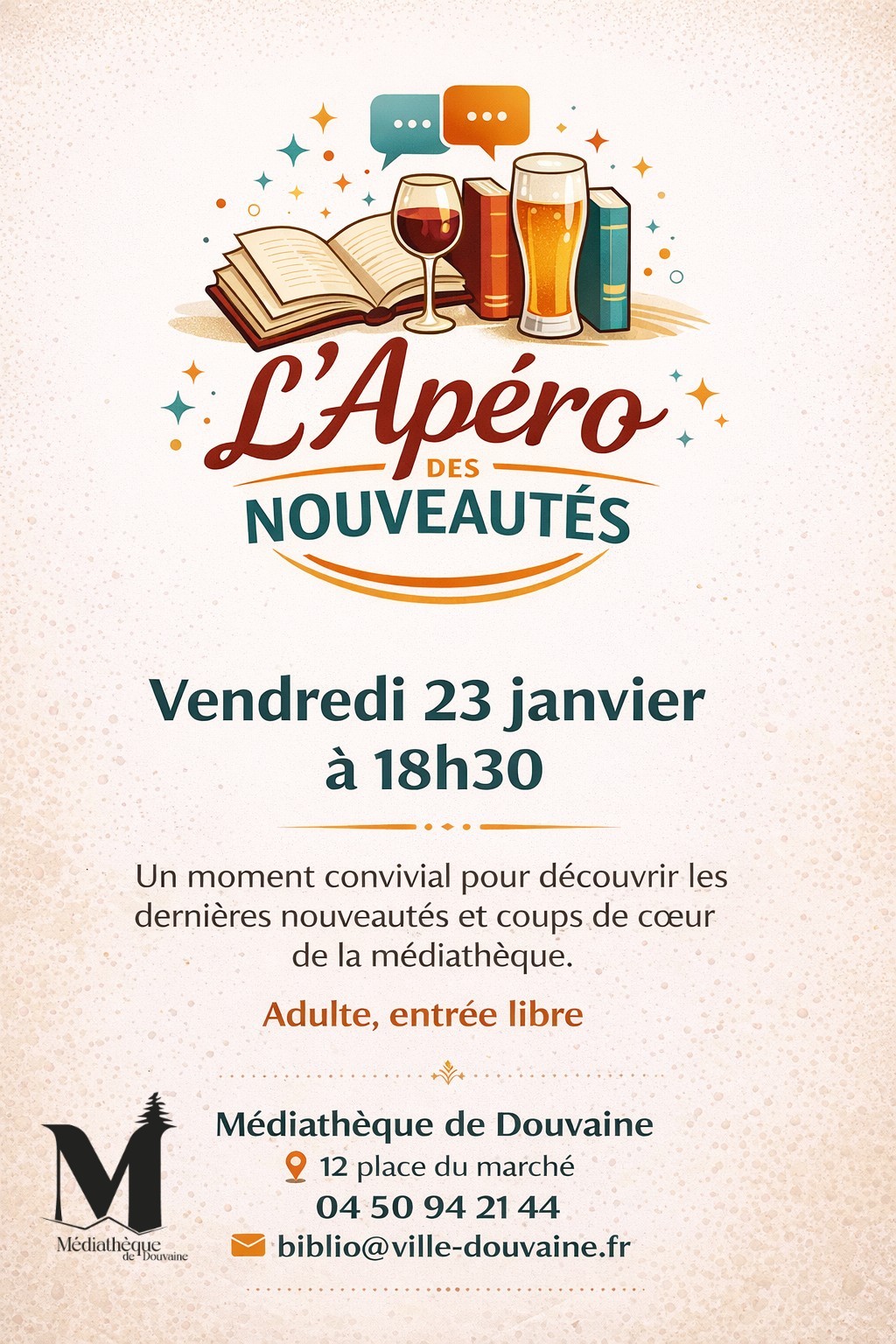 affiche_apero affiche de l'apéro des nouveautés du 23 janvier à 18h30 à la Médiathèque