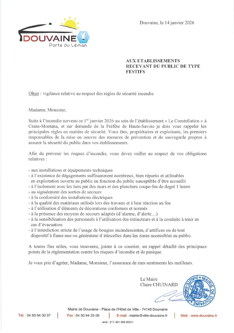 Courrier à destination des ERP de type festif pour rappel des règles et obligations de sécurité incendie