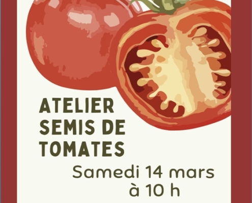 Affiche de la médiathèque proposant un atelier semis de tomates le samedi 14 mars 2026 à 10h dans ses locaux. Sur inscription au 04 50 94 21 44