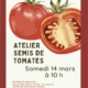 Affiche de la médiathèque proposant un atelier semis de tomates le samedi 14 mars 2026 à 10h dans ses locaux. Sur inscription au 04 50 94 21 44