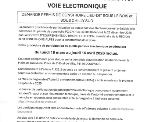 Page de l'avis de participation du public par voie électronique Permis de construire lieu-dit sous le bois et sous Chilly sud pour la construction d'un lycée. Procédure du 16 mars au 16 avril 2026 inclus