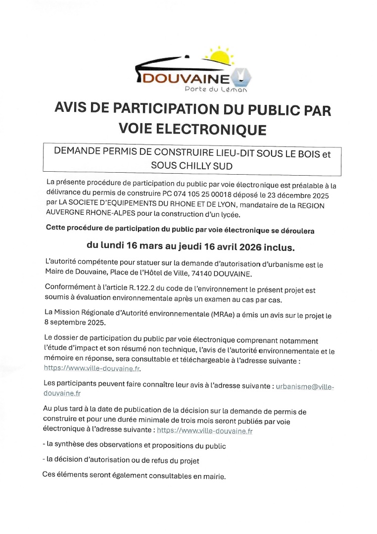 PPVE lieu-dit sous le bois et sous-Chilly sud Page de l'avis de participation du public par voie électronique Permis de construire lieu-dit sous le bois et sous Chilly sud pour la construction d'un lycée. Procédure du 16 mars au 16 avril 2026 inclus