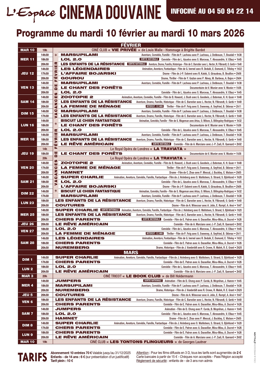 Programme cnéma l'Espace de Douvaine pour la période du 10 février au 10 mars 2026