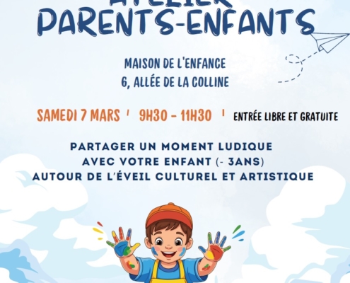 Affiche pour un atelier parents-enfants de -3ans le samedi 7 mars2026 de 9h30 à 11h30 à la Maison de l'enfance (6, Allée de la Colline à Douvaine). entrée libre et gratuite. "Partager un moment ludique avec votre enfant autour de l'éveil culturel et artistique". on voit un enfant avec de la peinture sur les mains qui en fait les empreintes sur une feuille. logos REAAP74, ville de Douvaine, crèche sucre d'orge et RPE.