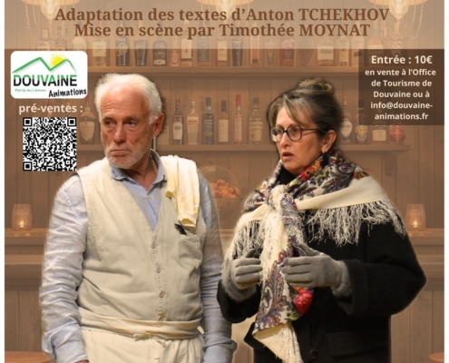 Affiche représentant un serveur et sa cliente pour le représentations de la troupe du TAM avec leur "Comédies de Tchekhov" le samedi 21 février 2026 à 20h en salle Coteau de l'EAC - 2, Avenue du Stade. Entrée 10€, en vente à l'Office de Tourisme de Douvaine et sur leur site (QR code de l'affiche)