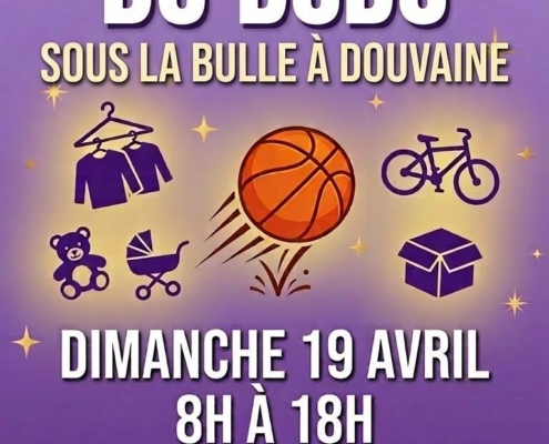 affiche du vide grenier du Basket-Club du Bas-Chablais le dimanche 19 avril 2026 de 8h à 18h à la Bulle de Douvaine