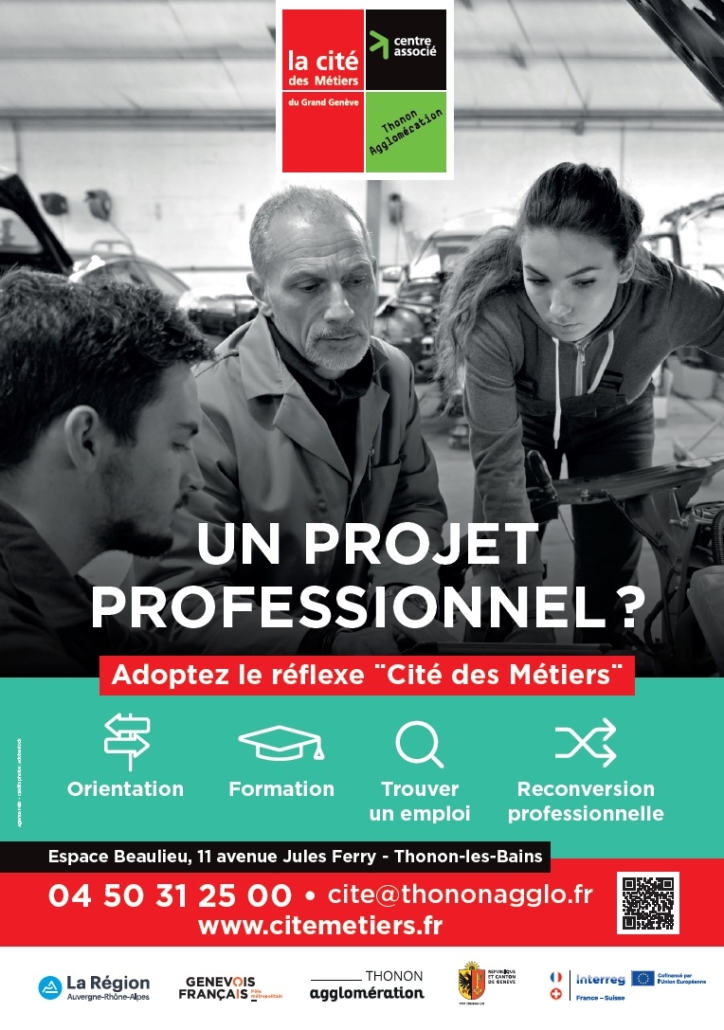 affiche pour la cité des métiers à l'espace Beaulieu de Thonon mail : cite@thononagglo.fr