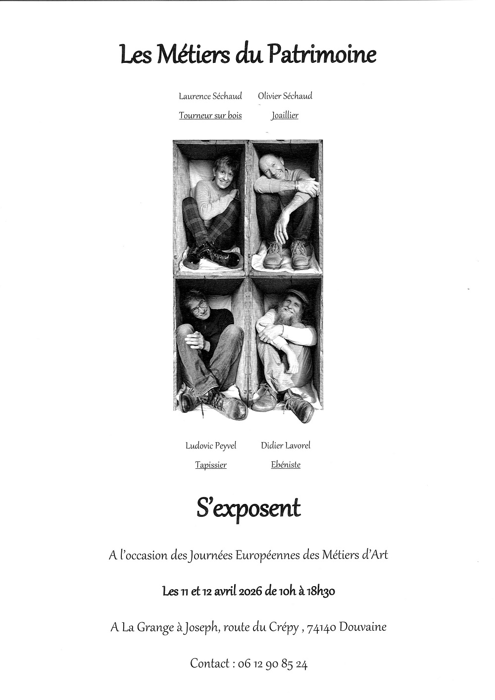 Affiche de l'exposition à la Grange à Joseph les 11 et 12 avril 2026 : "les Métiers du Patrimoine" par Laurence et Olivier Séchaud, Ludovic Peyvel et Didier Lavorel - Entrée de 10h à 18h30