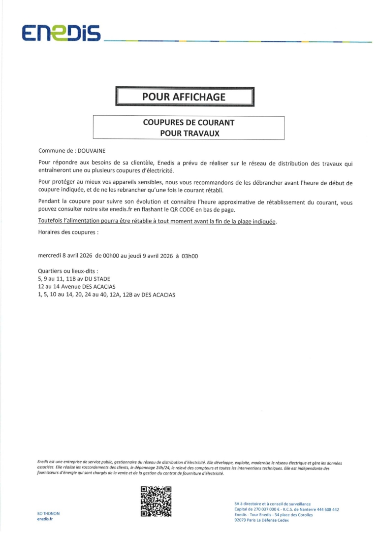 avis de coupure de courant du 08avril au 09 avril 2026 de minuit à 03h00 avenue du stade et avenue des acacias