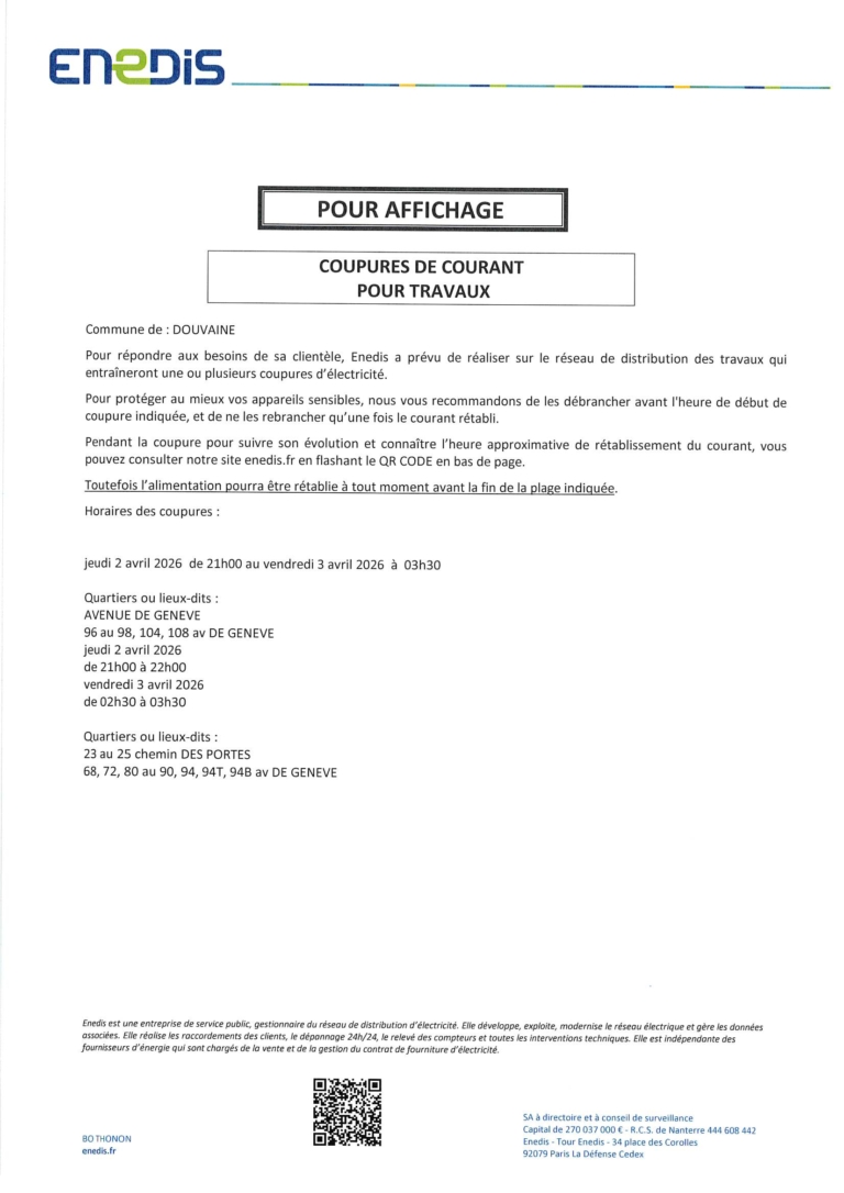 avis de coupures de courant du 02/04/2026 au 03/04/2026 de 21h00 à 03h30 avenue de genève et chemin des portes