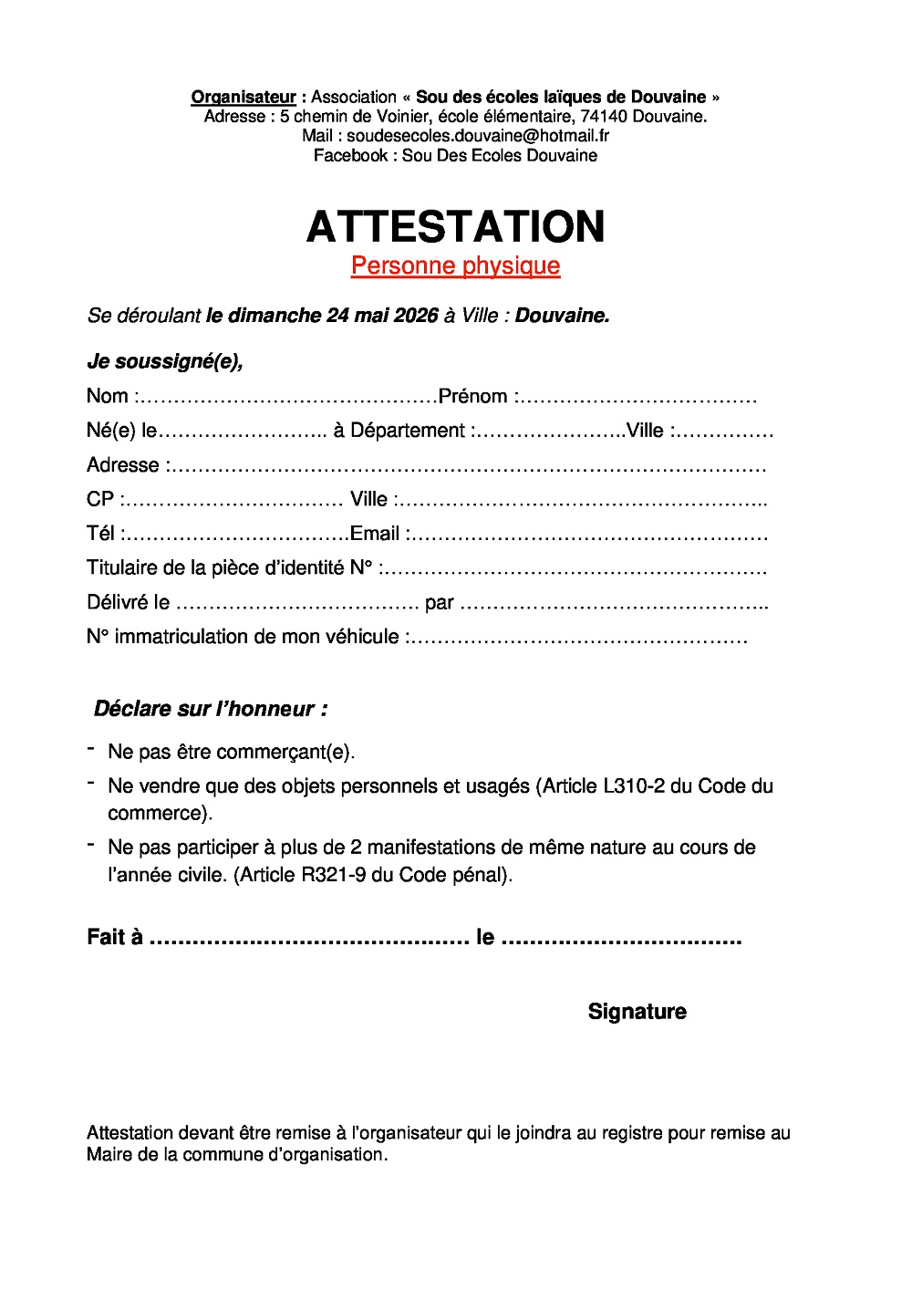 formulaire d'attestation individuel