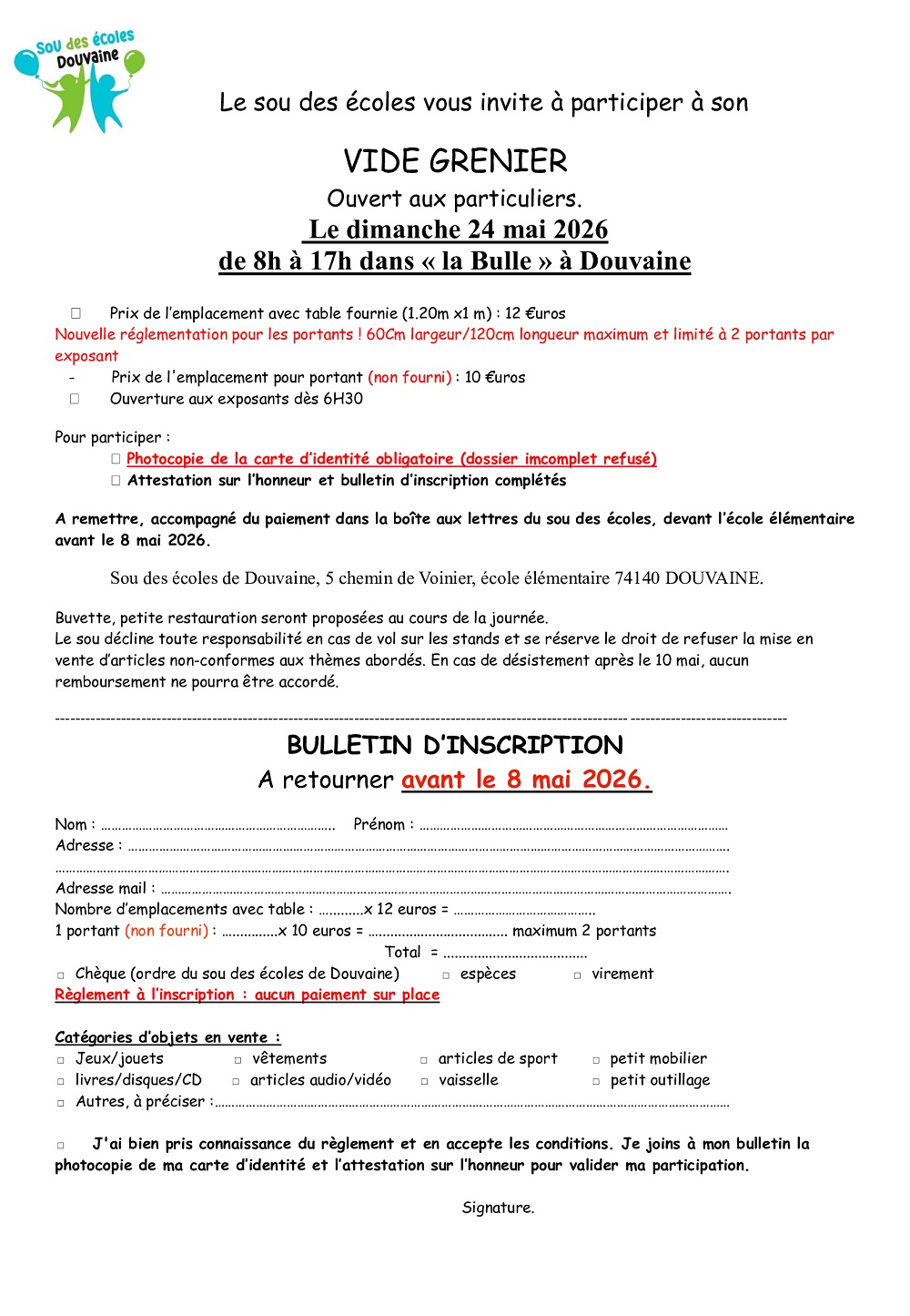 Bulletin d'inscription à retourner avant le 8 mai 2026
