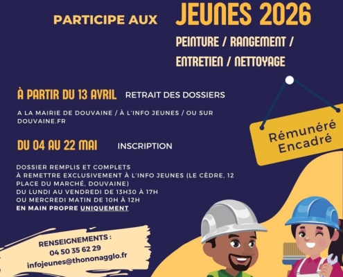 affiche proposant aux jeunes entre 15 et 17 ans les chantier jeunes de Douvaine. La commune leur proposent 1 semaine de travail rémunéré et encadré en juillet 2026. Renseignements à l'info jeunes Douvaine 04 50 35 62 29