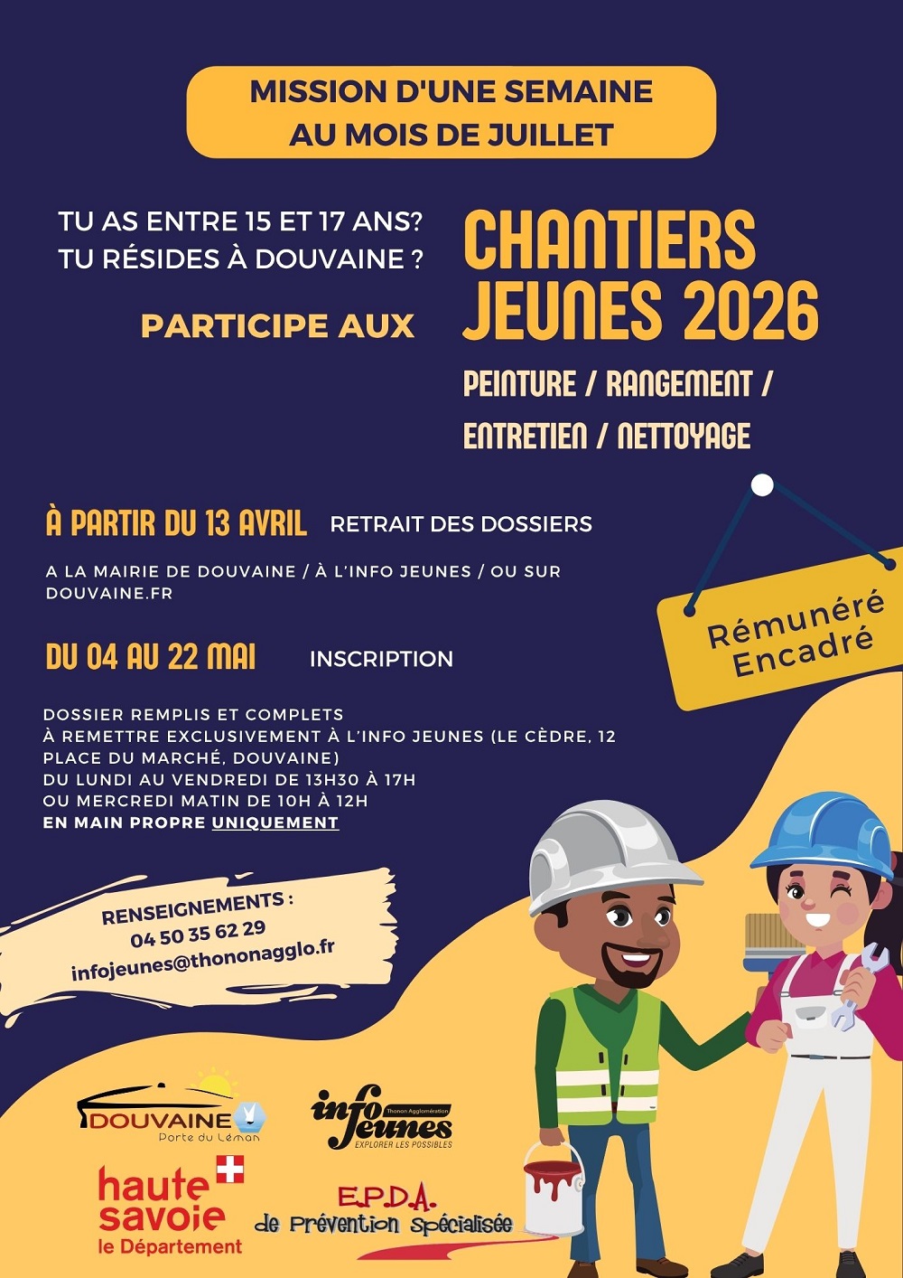 affiche proposant aux jeunes entre 15 et 17 ans les chantier jeunes de Douvaine. La commune leur proposent 1 semaine de travail rémunéré et encadré en juillet 2026. Renseignements à l'info jeunes Douvaine 04 50 35 62 29