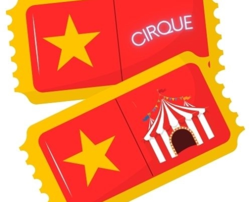 deux tickets de cirque un avec un dessin de chapiteau et un avec la mention cirque