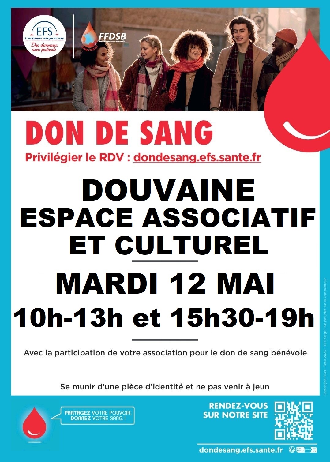 Affiche générique pour le don du sang le mardi 12 mai 2026 à la salle Coteau à l'EAC - 2 avenue du Stade à Douvaine. horaires : 10h-13h et 15h30-19h