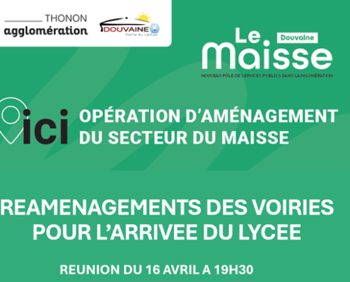 Page de garde du diapormam de la réunion (Logo DOuvaine et Thonon Agglo : "Le Maisse Douvaine" Opération d'aménagement du secteur du Maisse - réaménagements des voirires pour l'arrivée du Lycée)
