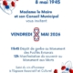 invitation de madame Claire Cuinard, Maire de Douvaine et son conseil municipal à la cérémonie de commémoration le vendredi 8 mai 2026 à 11h45 au monument de Evianais et à 12h au Monument aux morts.