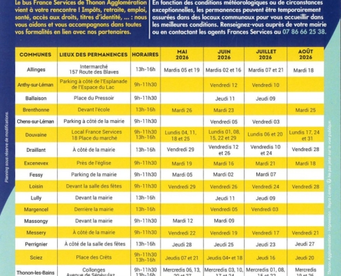 planning des nouveaux horaires de permanences du bus France Service pour la période de mai à août 2026.
