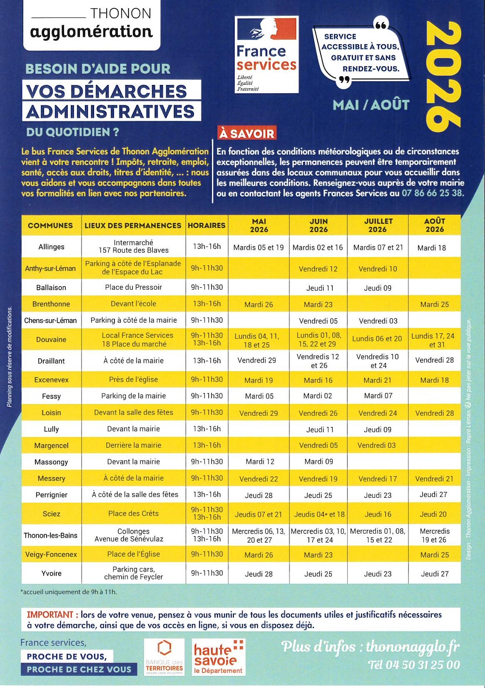 planning des nouveaux horaires de permanences du bus France Service pour la période de mai à août 2026.
