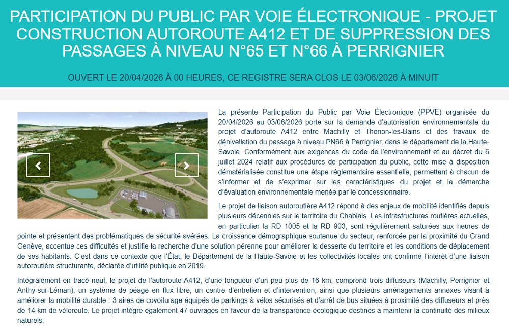capture écran de la page "Registre numérique" sur le dossier PPVE projet de construction autoroute A412