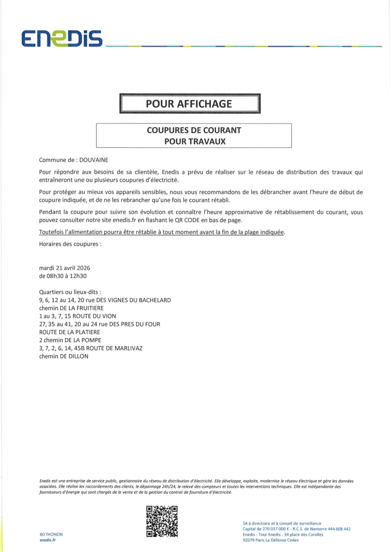 avis de coupures de courant le mardi 21/04/2026 de 8h30 à 12h30 rue des vignes de bachelard/chemin de la fruitiere/route du vion/rue des pres du four/route de la platiere/chemin de la pompe/rte de marlivaz