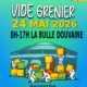 affiche du vide grenier du sou des ecoles du 24 mai 2026 à la Bulle de Douvaine. inscription soudesecoles.douvaine@hotmail.fr ou sur la page Facebook du Sou des Ecoles