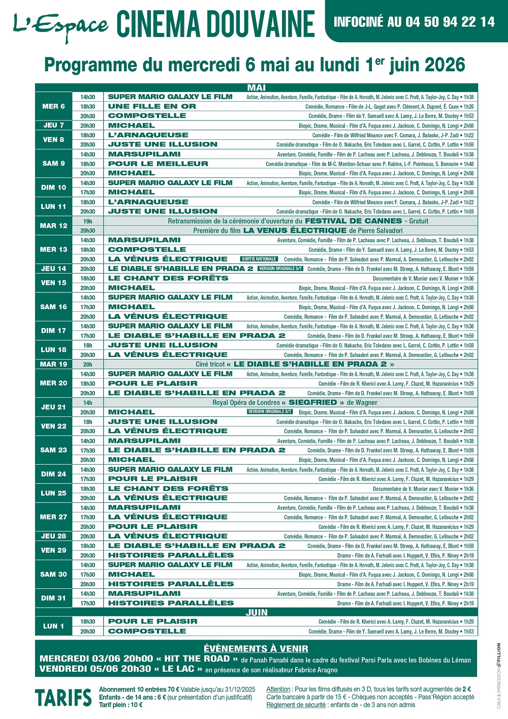 AFFICHE_A3_ cinéma DOUVAINE mai 2026 programme de l'Espace Cinéma du 6 mai au 1er juin 26
