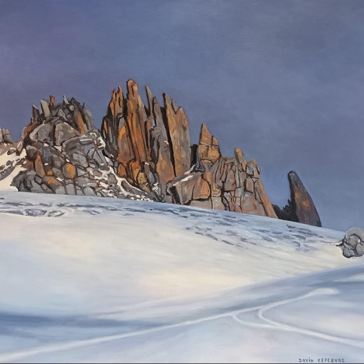 David Lefebvre Peinture de David Lefebvre représentant un massif rocailleux avec neige devant