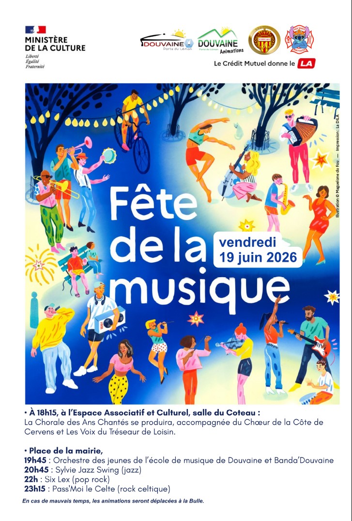 Affiche officielle de la Fête de la Musique 2026 à jour du programme de Douvaine le 19 juin 2026 sur la Place de l'Hôtel de Ville
