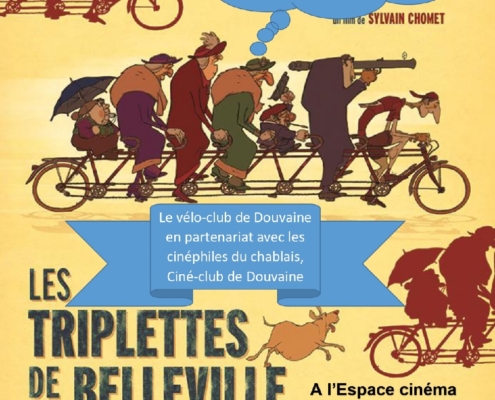 Affiche des triplettes de Belleville personnalisée avec la date du cinéclub du vendredi 26 juin, à 19h, soirée en collaboration avec le véloclub de Douvaine