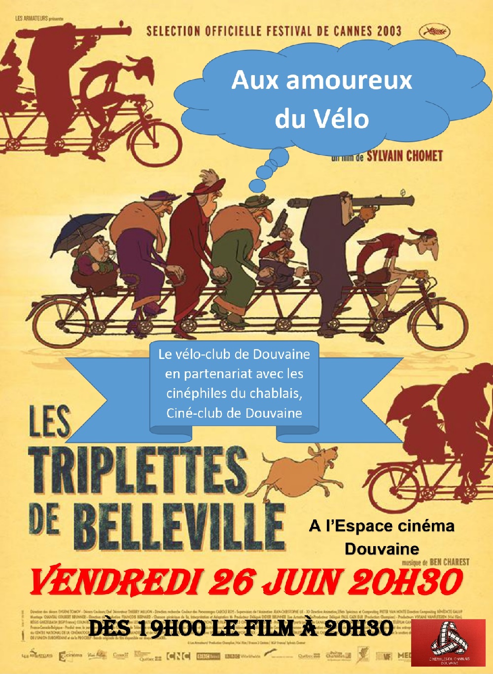 Les triplettes de Belleville 26 juin 2026 Affiche des triplettes de Belleville personnalisée avec la date du cinéclub du vendredi 26 juin, à 19h, soirée en collaboration avec le véloclub de Douvaine