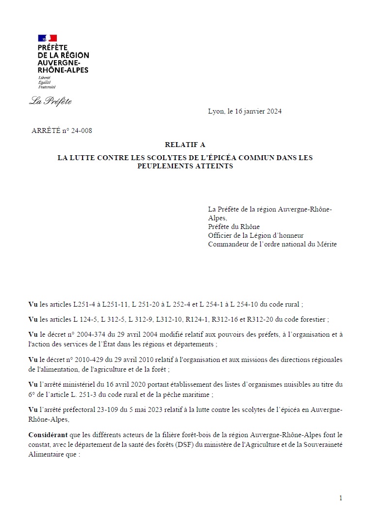 arrêté scolytes Première page de l'arrêté n°24-008 relatif à la lutte contre les scolytes de l'épicéa