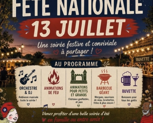 affiche pour le bal de la fête nationale le 13 juillet 2026 au stade de Douvaine. Orchestre, DJ, animations de feu, animations pour toute la famille, barbecue géant et buvette à partir de 18h