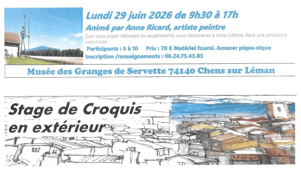 Affiche pour la journée animée par Anne Ricard avec stage d'initiation au croquis en extérieur le lundi 29 juin de 9h30 à 17h. prix 70 euros, renseignements et inscription au 06.24.75.43.83.