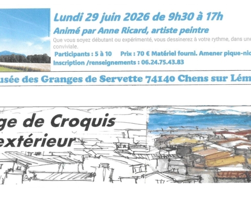 Affiche pour la journée animée par Anne Ricard avec stage d'initiation au croquis en extérieur le lundi 29 juin de 9h30 à 17h. prix 70 euros, renseignements et inscription au 06.24.75.43.83.