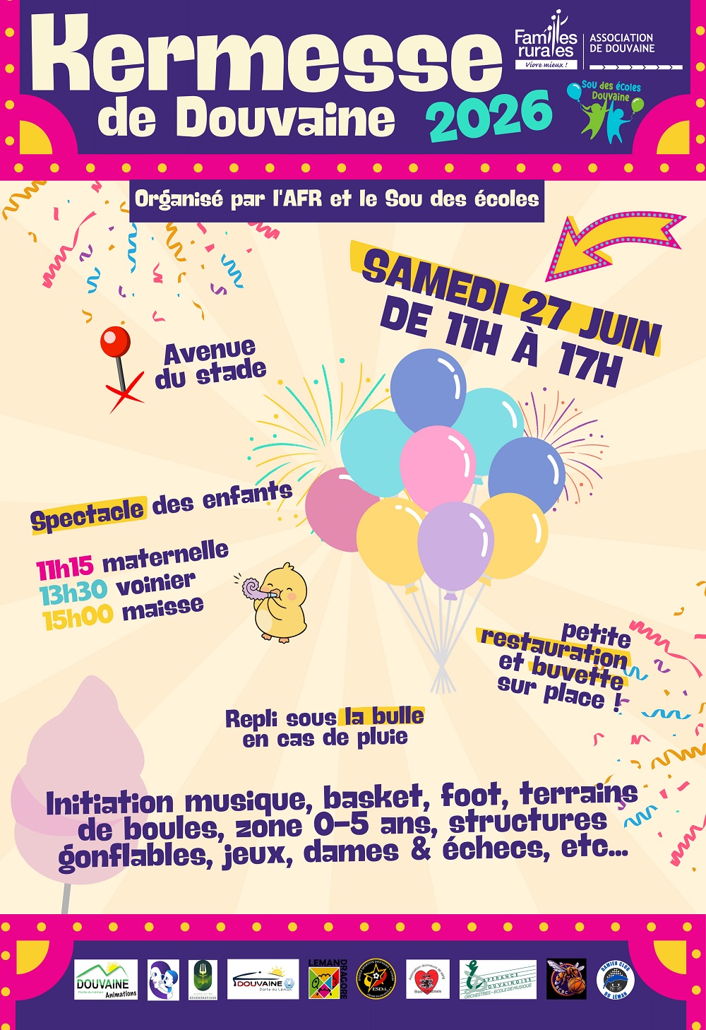 Kermesse 27 juin 2026 affiche pour la kermesse des écoles le samedi 27 juin 2026 de 11h à 17h au stade de Douvaine.