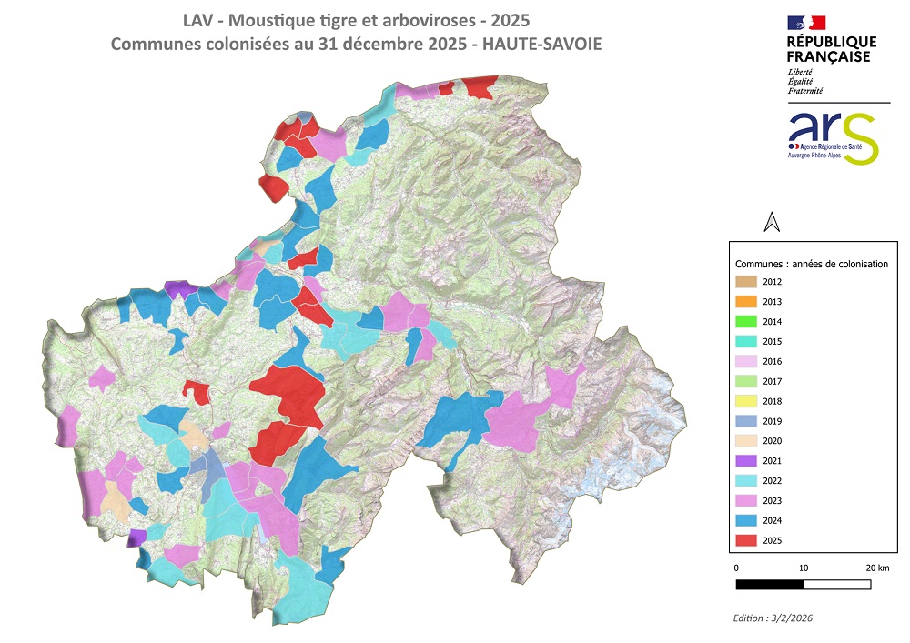 carte du département de la haute-savoie montrant les communes colonisées par année d'invasion du moustique tigre. A savoir que Douvaine a été colonisé en 2024, Massongy et Veigy en 2025.