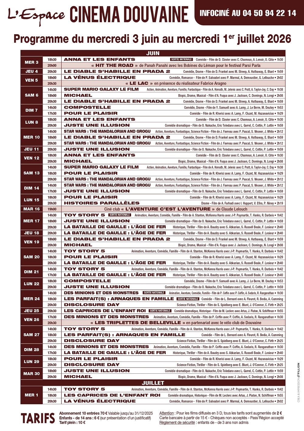 programmation de l'Espace Cinéma de Douvaine du 3 juin au 1er juillet 2026