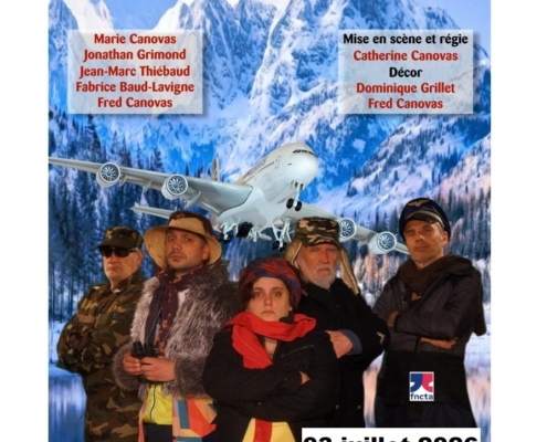 affiche pour la soirée théâtre prévue dans le cadre des nuits de Servette 2026 aux Granges de Servette avec la pièce "la cuisse du steward" de la Malle au Grenier. représentation le 3 juillet 2026 à 20h