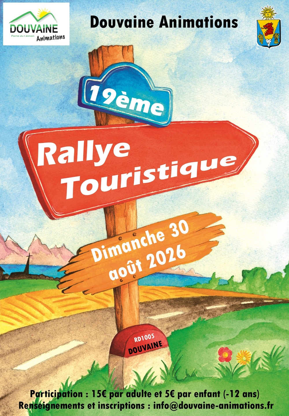 Composition Rallye 2026 Affiche du 19e Rallye Touristique de Douvaine Animations le dimanche 30 août 2026. Renseignements et inscriptions à info@douvaine-animations.fr