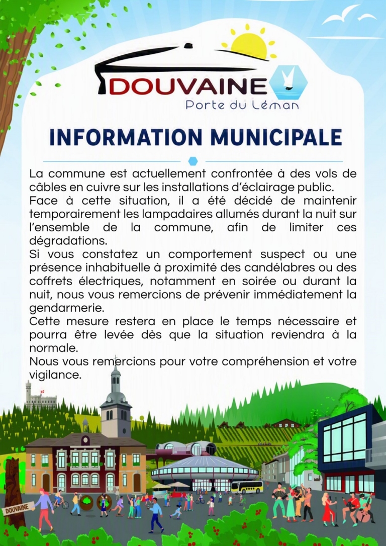 Information expliquant que l'éclairage est rallumé la nuit suite à des vols de câbles électriques
