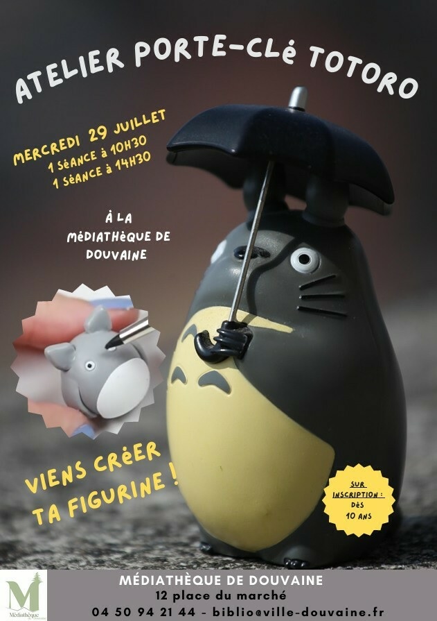 Mediatheque - atelier porte cle totoro 29 juillet 26 Affiche atelier Porte-clé Totoro. Atelier le mercredi 29 juillet 2026 à 10h30 ou 14h30. Dès 10 ans.