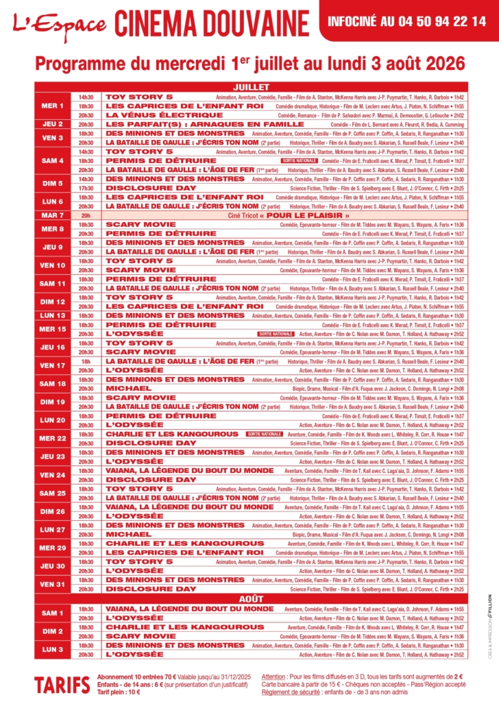 programmation de l'Espace Cinéma de Douvaine du 1er juillet au 3 août 2026