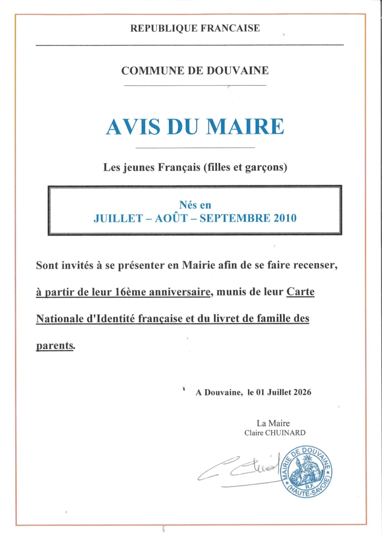 Avis de recensement pour les jeunes nés en juillet-août-septembre 2026