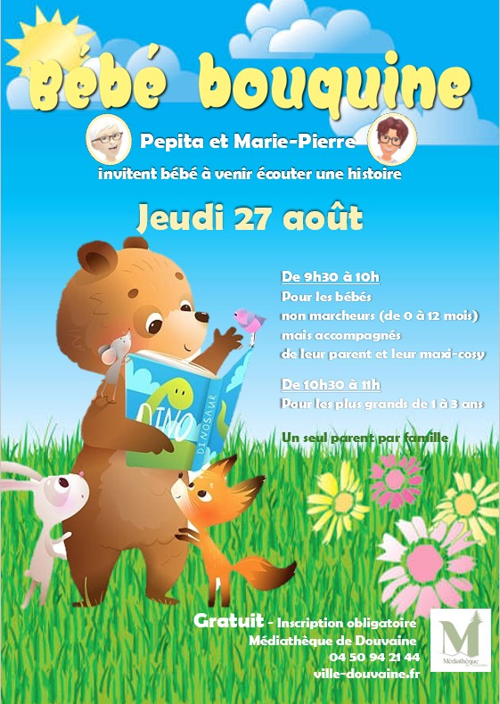 Affiche Bébé bouquine avec un ourson assis en train de lire. Atelier le jeudi 27 août de 9h30 à 10h pour les bébés non marcheurs (0-12 mois) accompagnés de parent et de 10h30 à 11h pour les plus grands ( 1 à 3 ans)