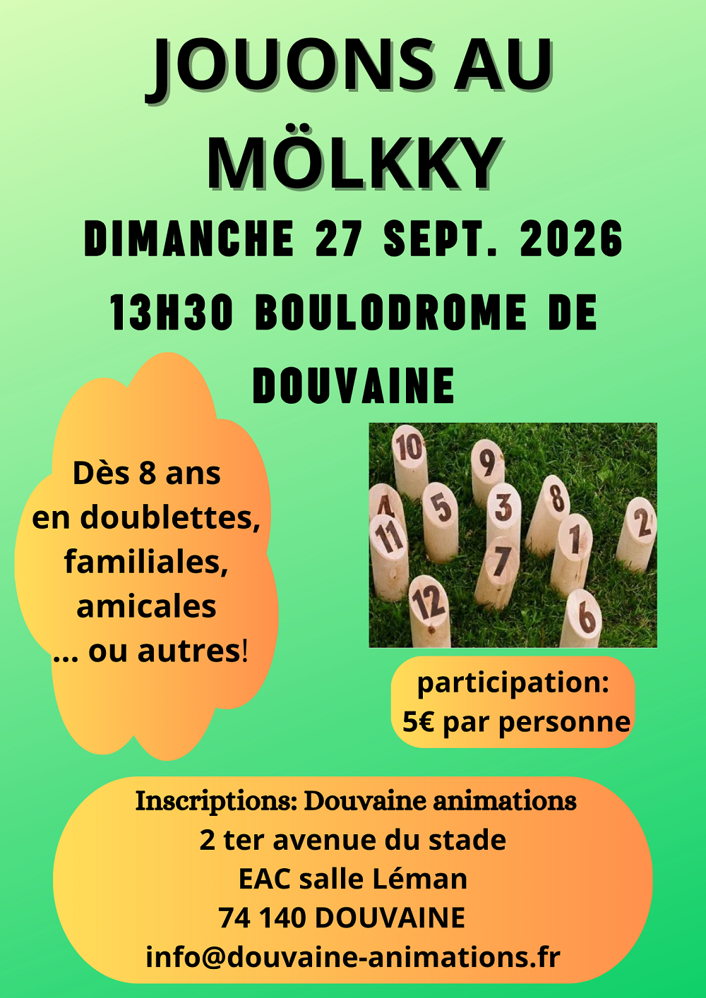Affiche pour l'après-midi mölkky, dimanche 27 septembre 2026 dès 13h30 au Boulodrome de Douvaine. Inscriptions sur info@douvaine-animations.fr