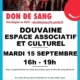 Affiche pour la collecte de sang à Douvaine le mardi 15 septembre 2026 de 16h à 19h à la salle Coteau de L'EAC