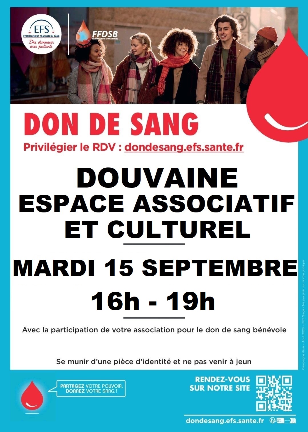 Affiche pour la collecte de sang à Douvaine le mardi 15 septembre 2026 de 16h à 19h à la salle Coteau de L'EAC