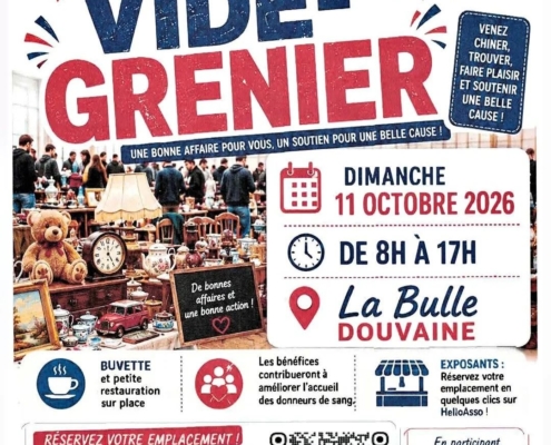 Affiche pour le vide grenier des donnurs de sang bénévoles du Bas-Chablais dimanche 11 octobre 2026 à la Bulle